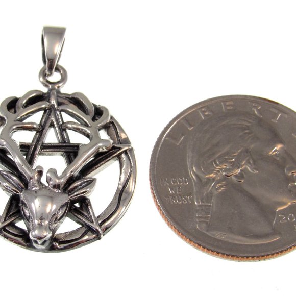 Solid 925 Sterling Silver Reindeer Pentacle Pagan Pentagram Pendant - Picture 2 of 5